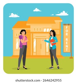 A professional real estate agent presenting a property for rent to an interested client. Fostering an inviting and collaborative business. Real estate broker concept. 