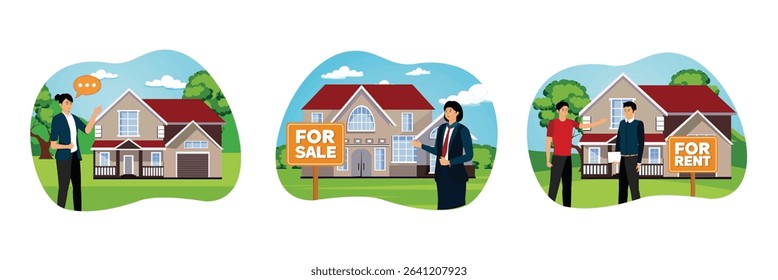 A professional real estate agent showcasing a modern house. A confident real estate agent offering a modern house for sale. A real estate agent discusses rental details with a customer.
