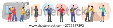 Professional real estate agent showing living space to potential new owners isolated set on white background. Realtor with house keys and property models welcoming clients vector illustration