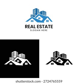 Un logotipo inmobiliario profesional que presenta edificios de la ciudad combinados con un símbolo del techo de la casa. Ideal para agencias inmobiliarias, promotores inmobiliarios, empresas de construcción y negocios de vivienda.