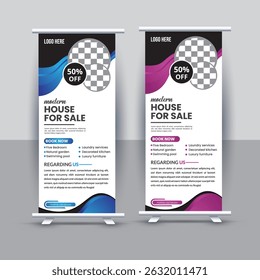 Professional real estate roll-up banner design for property listings, open house events, real estate agents, and housing promotions. Features clean layout, editable content areas, and modern property 