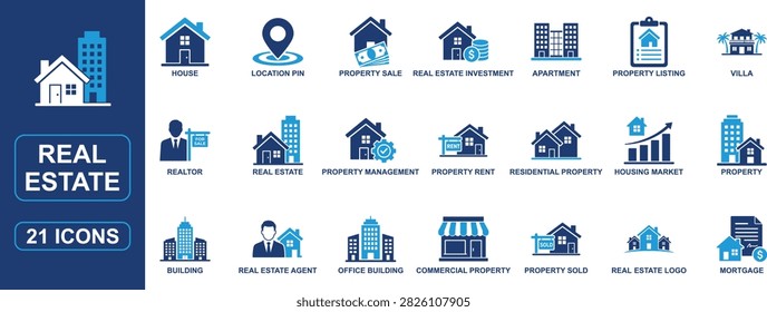 Professional real estate solid icon set featuring property management, residential and commercial buildings, houses for sale, apartments, villas, mortgages, realtors, property listings, rentals, home investment, and real estate agency symbols. Ideal for property websites, CRM platforms, housing apps, business presentations, and real estate marketing.