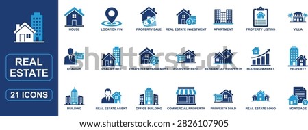 Professional real estate solid icon set featuring property management, residential and commercial buildings, houses for sale, apartments, villas, mortgages, realtors, property listings, rentals, home investment, and real estate agency symbols. Ideal for property websites, CRM platforms, housing apps, business presentations, and real estate marketing.