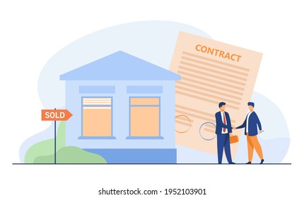 Professional realtor selling house to buyer. Contract, agreement, property flat vector illustration. Investment and real estate concept for banner, website design or landing web page