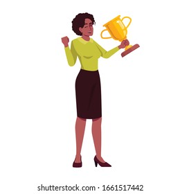 Professional recognition semi flat RGB color vector illustration. Businesswoman with trophy victorious gestures isolated cartoon character on white background. Goal achievement award