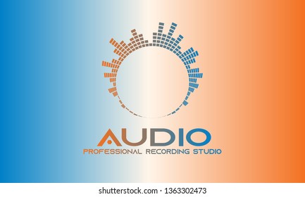 Professional Recording Studio Emblem, DJ Party Logo, Graphic Equaliser Circle and Company Text, Orange and Blue Gradient texture Background. 