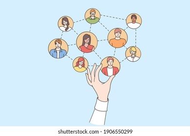 Professional recruitment and hiring concept. Human resources manager hand choosing building team members online making selection for work project team vector illustration 