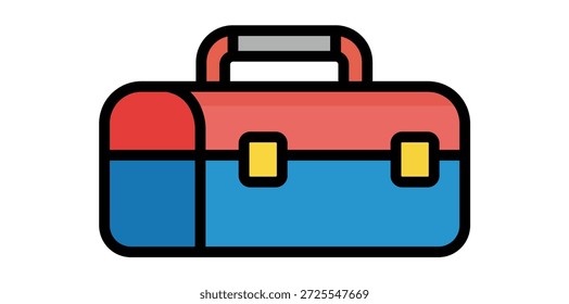 Una caja de herramientas profesional roja y azul con un mango resistente y pestillos amarillos aislados sobre un fondo blanco. Este gráfico de Vector plano es perfecto para proyectos relacionados con la construcción, reparación de viviendas y hardware de bricolaje.
