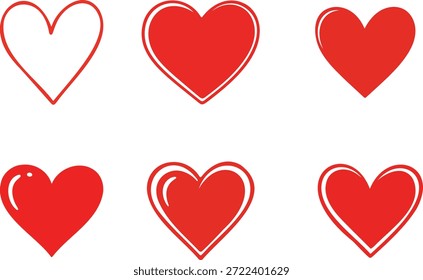 Formas de corazón rojo de Profesional con rellenos sólidos, reflejos brillantes y contornos blancos gruesos para la interfaz de usuario, las redes sociales y el Diseño gráfico.