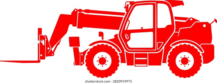 A professional red silhouette of a telescopic handler forklift isolated on a white background. This graphic is ideal for construction, industrial, or logistics-themed designs and presentations.