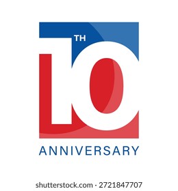 Professional red square ten year anniversary logo featuring white typography and blue gradient background element