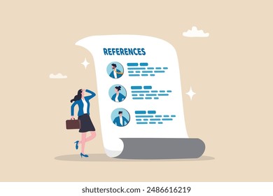 Professional references resume, people who recommend, working experience or recommendation for candidate, skill guarantee concept, business woman with reference people and work experience document.