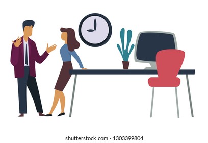 Professional relationships office workers man and woman discussion vector workplace desk and computer chair and indoor plant wall clock boss and manager business entrepreneur talking conversation.