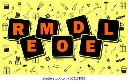 Professional  remodel services logo in yellow. Set of repair tools. Stock vector. Flat design.