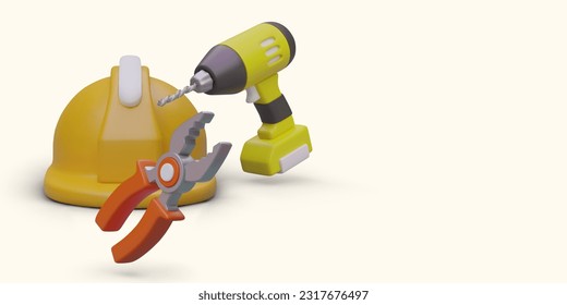 Professional repair. Drilling services. Installation and dismantling. Observance of safety equipment. Horizontal banner with isometric safety helmet, cordless drill, pliers