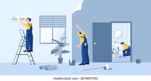 Professional repair team of three workers fix air-conditioner, clogged water pipe in bathroom, glue wallpaper in room. Rolls of wallpaper, roller, bucket of glue on floor. Vector illustration