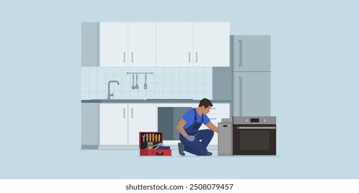 Professional repairman fixing and installing and electric oven in the kitchen, repair service concept