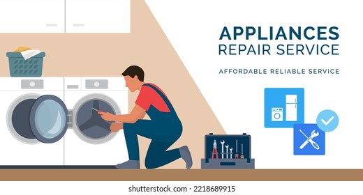 Professional repairman fixing a washing machine at home