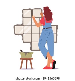 Professional Repairman Service, Home Renovation. Worker Female Character Installing Ceramic Tiles in Bath, Woman Laying Ceramics on Wall, Construction Works, Renovation. Cartoon Vector Illustration