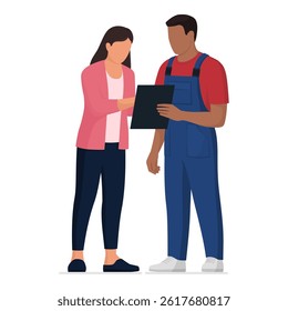 Professional repairman showing an invoice to a customer, professional service concept, isolated