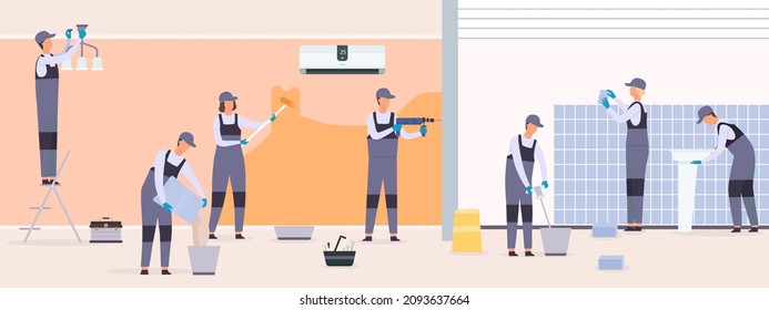 Professional repairman team renovatie living room interior. Repair service workers paint wall and lay tiles. Handyman brigade vector concept. Illustration of repairman and woman do renovation