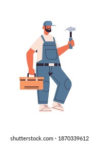 professional repairman in uniform holding hammer and toolbox home maintenance repair service concept full length vertical isolated vector illustration