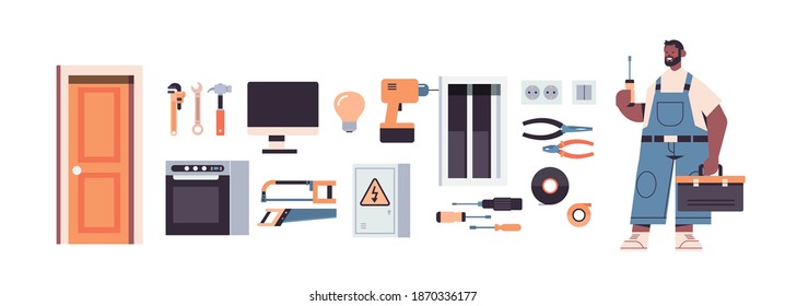 professional repairman in uniform holding screwdriver and toolbox different icons set home maintenance repair service concept full length horizontal isolated vector illustration