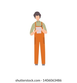 Professional Repairman Writing Notes on Piece of Paper with Pen, Auto Mechanic Character in Uniform Working In Car Repair Service Vector Illustration
