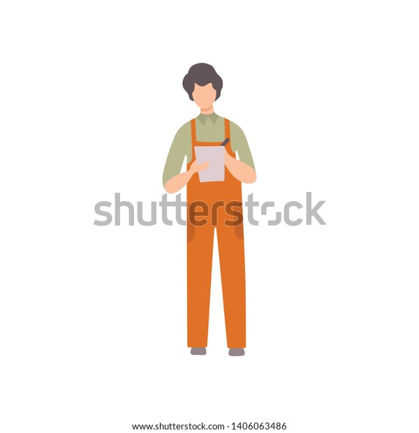 Professional Repairman Writing Notes on\
Piece of Paper with Pen, Auto Mechanic Character in Uniform Working\
In Car Repair Service Vector\
Illustration