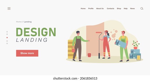 Professional repairmen repairing apartment. Wall, uniform, painting flat vector illustration. Renovation and repair service concept for banner, website design or landing web page