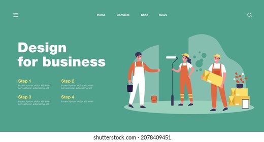 Professional repairmen repairing apartment. Wall, uniform, painting flat vector illustration. Renovation and repair service concept for banner, website design or landing web page