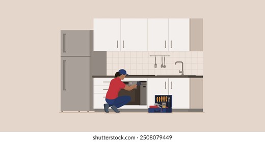 Professional repairwoman at work, she is fixing an electric oven, professional repair service concept