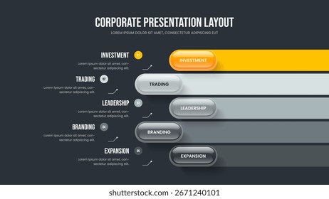 Professional Report 5 Opção Infográfico Slide Layout. Design de estrutura de diagrama de cinco etapas de desempenho digital. Ilustração do Vetor de Modelo de Apresentação de Slides do Financial Visualization.