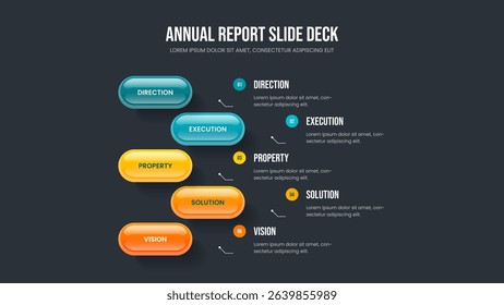 Professional Report 5 Step Diagram Slideshow Template. Advertising Performance Five Option Infographic Slide Layout. Marketing Proposal Presentation Design Vector Illustration.