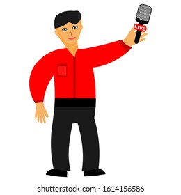 Professional reporter with microphone takes interviews in live. Man with microphone in the hand.  Creative Microphone and one journalist cartoon. Vector flat design illustration. Square layout.