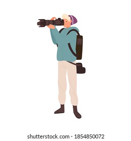 Professional reporter photographing with long focus telephoto lens. Young male photographer taking photo. Flat vector cartoon illustration of photojournalist with camera isolated on white