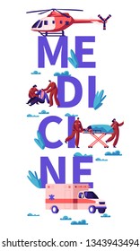 Professional Rescue Team Care Life Banner. Transportation Helicopter and Vehicle Healthcare Character from Accident and Transportation to Hospital Urgent. Flat Cartoon Vector Illustration