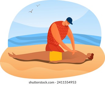 Professional rescue worker make heart massage, outdoor sea beach dangerous accident cartoon vector illustration, isolated on white. Lifeguard male character help injured person, seaside shore.