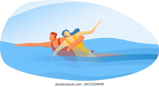 Professional rescue worker save life drowning woman, outdoor sea swimming dangerous accident cartoon vector illustration, isolated on white. Lifeguard character help female on water surface.