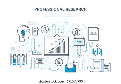 Professional research. Business planning and business strategy, marketing, monitoring, analysis, systems development, education, control of project. Illustration thin line design of vector doodles.