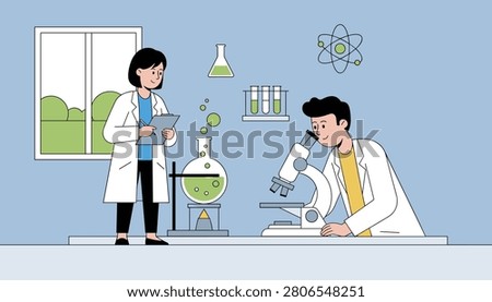 Professional research scientists working together in modern science laboratory with microscope and chemical flasks.