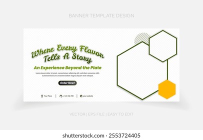 Professional restaurant banner template designed for ease of customization, featuring bold colors and stylish food imagery.