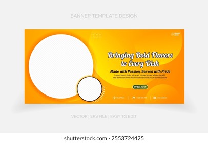 Professional restaurant banner template with editable layouts, featuring vibrant colors, modern typography, and delicious food visuals. Dimensions: 1920x900 pixels