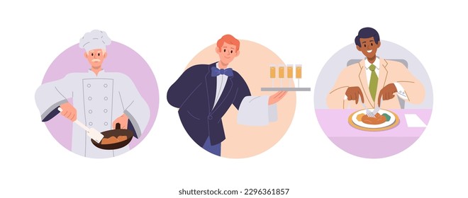 Professional restaurant chef, waiter and client at table round frame icon set composition