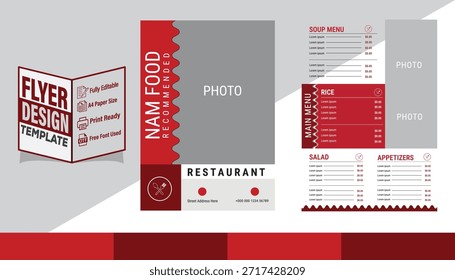 Professional restaurant flyer design presentation featuring a clean red and gray layout with food menu sections. Ideal for restaurants, cafés, food businesses, and promotional print or digital marketing use.