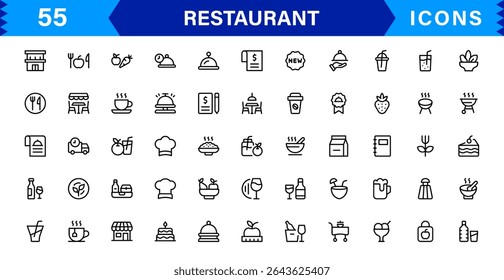 Professional Restaurant Icon Collection Featuring Food, Dining, Chef, Menu, and Kitchen Tools in a Clean, Marketable Vector Format for Stock Use
