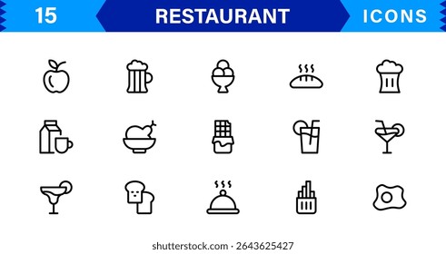 Professional Restaurant Icon Collection Featuring Food, Dining, Chef, Menu, and Kitchen Tools in a Clean, Marketable Vector Format for Stock Use
