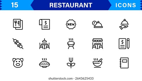 Professional Restaurant Icon Collection Featuring Food, Dining, Chef, Menu, and Kitchen Tools in a Clean, Marketable Vector Format for Stock Use
