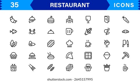 Professional Restaurant Icon Collection Com Comida, Jantar, Chef, Menu e Ferramentas de Cozinha em um formato vetor limpo e comercializável para uso em estoque
