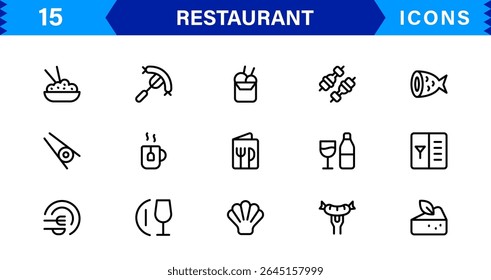 Professional Restaurant Icon Collection Featuring Food, Dining, Chef, Menu, and Kitchen Tools in a Clean, Marketable Vector Format for Stock Use
